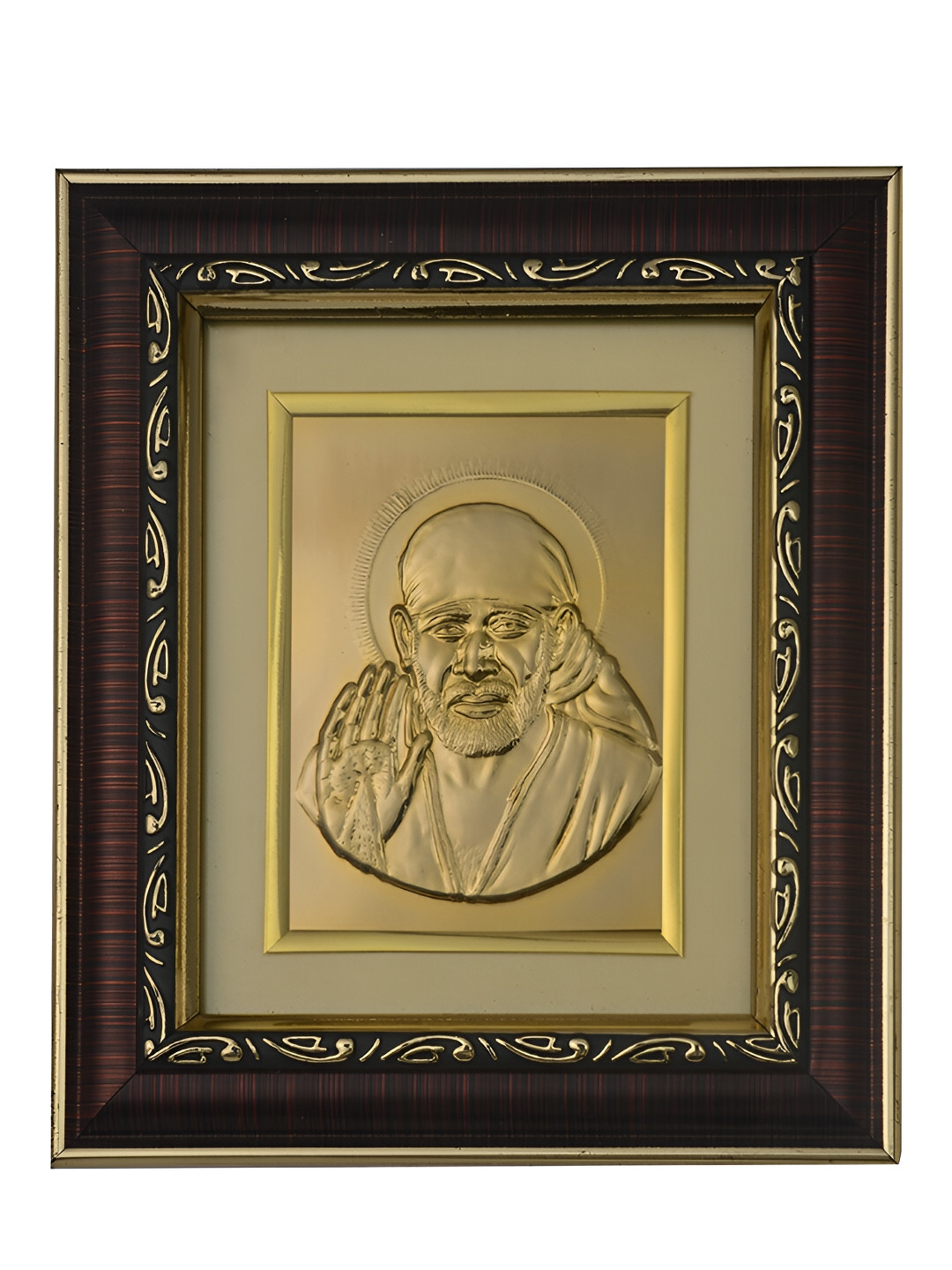 Pray Everyday Brown & Gold-Plated Copper Sai Baba Self Design Wall Photo Frame