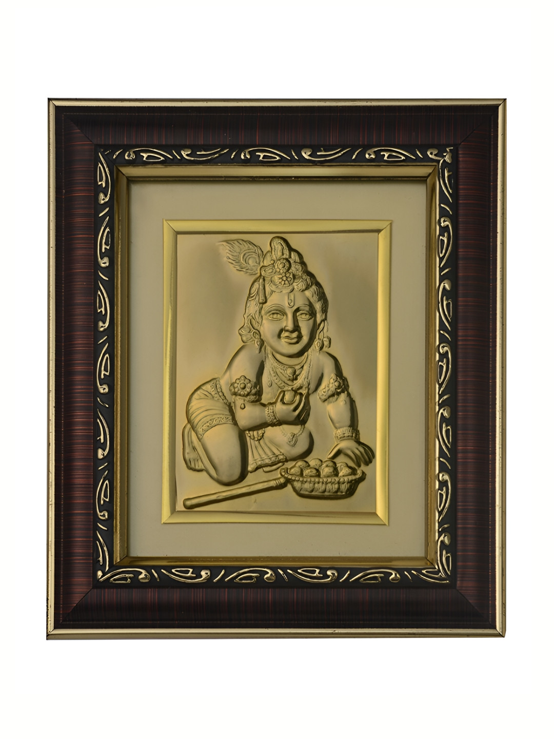 Pray Everyday Brown & Gold-Plated Copper Ladoo Gopal Ji Self Design Wall Photo Frame