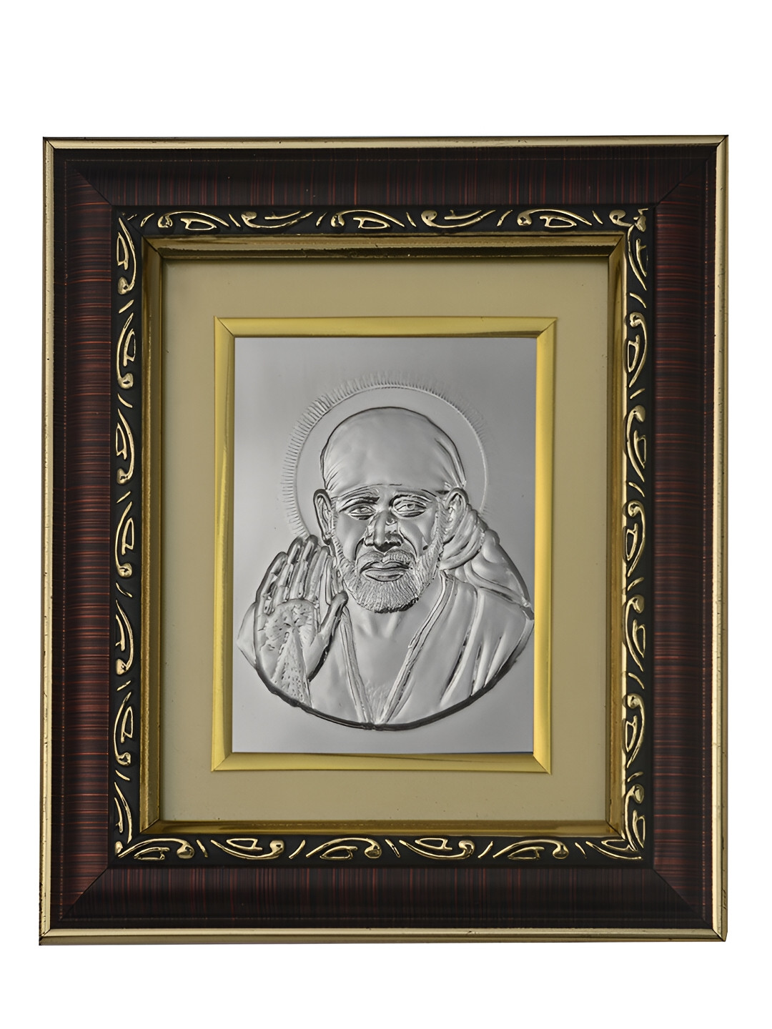 Pray Everyday Brown & Silver-Plated Sai Baba Self Design Wall Photo Frame