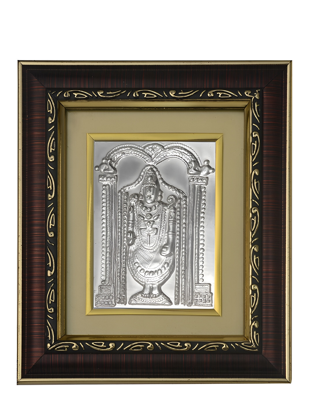 Pray Everyday Brown & Silver-Plated Tirupati Balaji Ji Self Design Wall Photo Frame