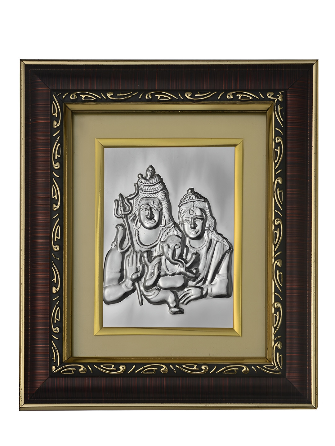 Pray Everyday Brown & Silver-Plated Shiv Parvati Self Design Wall Photo Frame