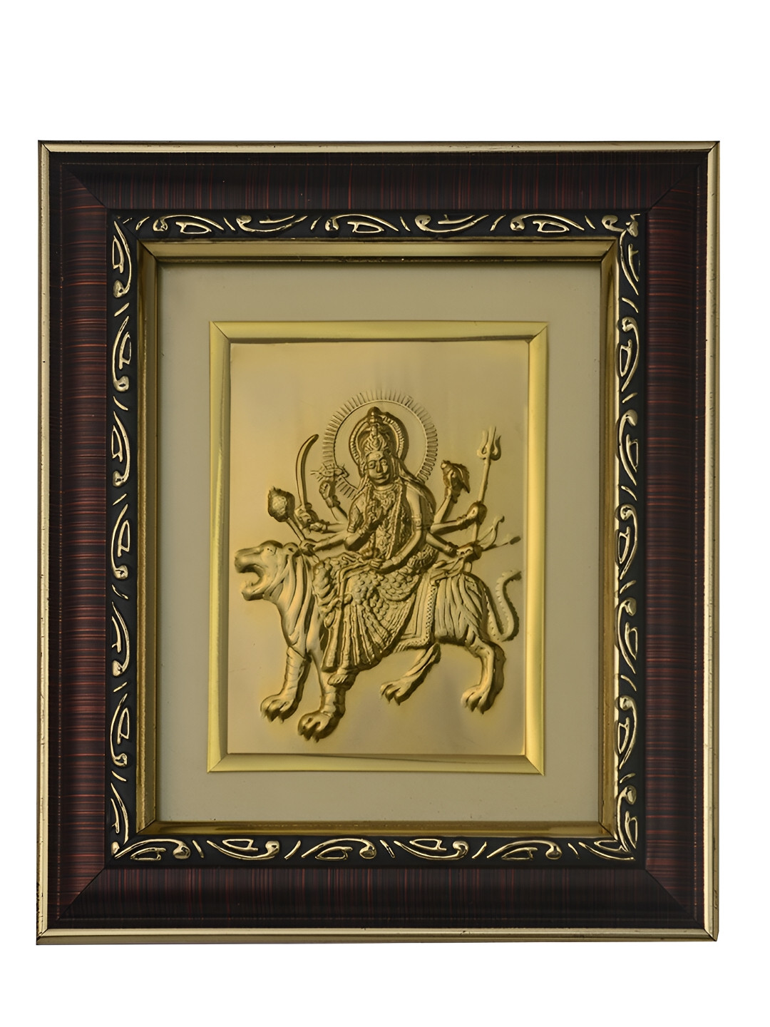 Pray Everyday Brown & Gold Plated Durga Mata Self Design Wall Photo Frame