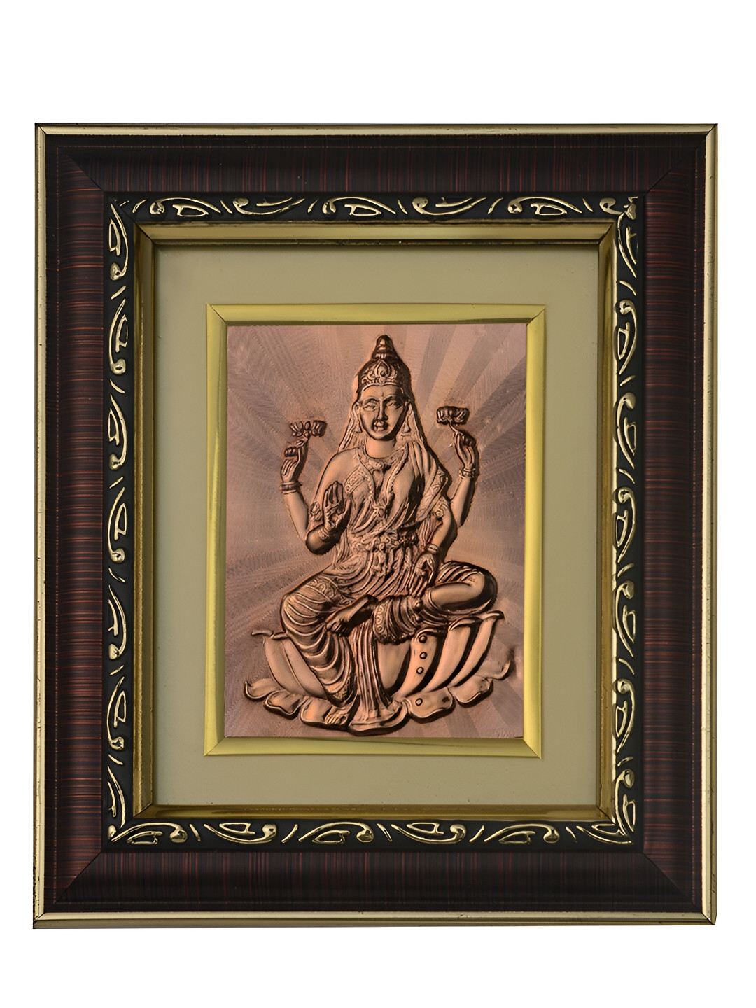 Pray Everyday Brown & Copper Toned Lakshmi Mata Self Design Wall Photo Frame