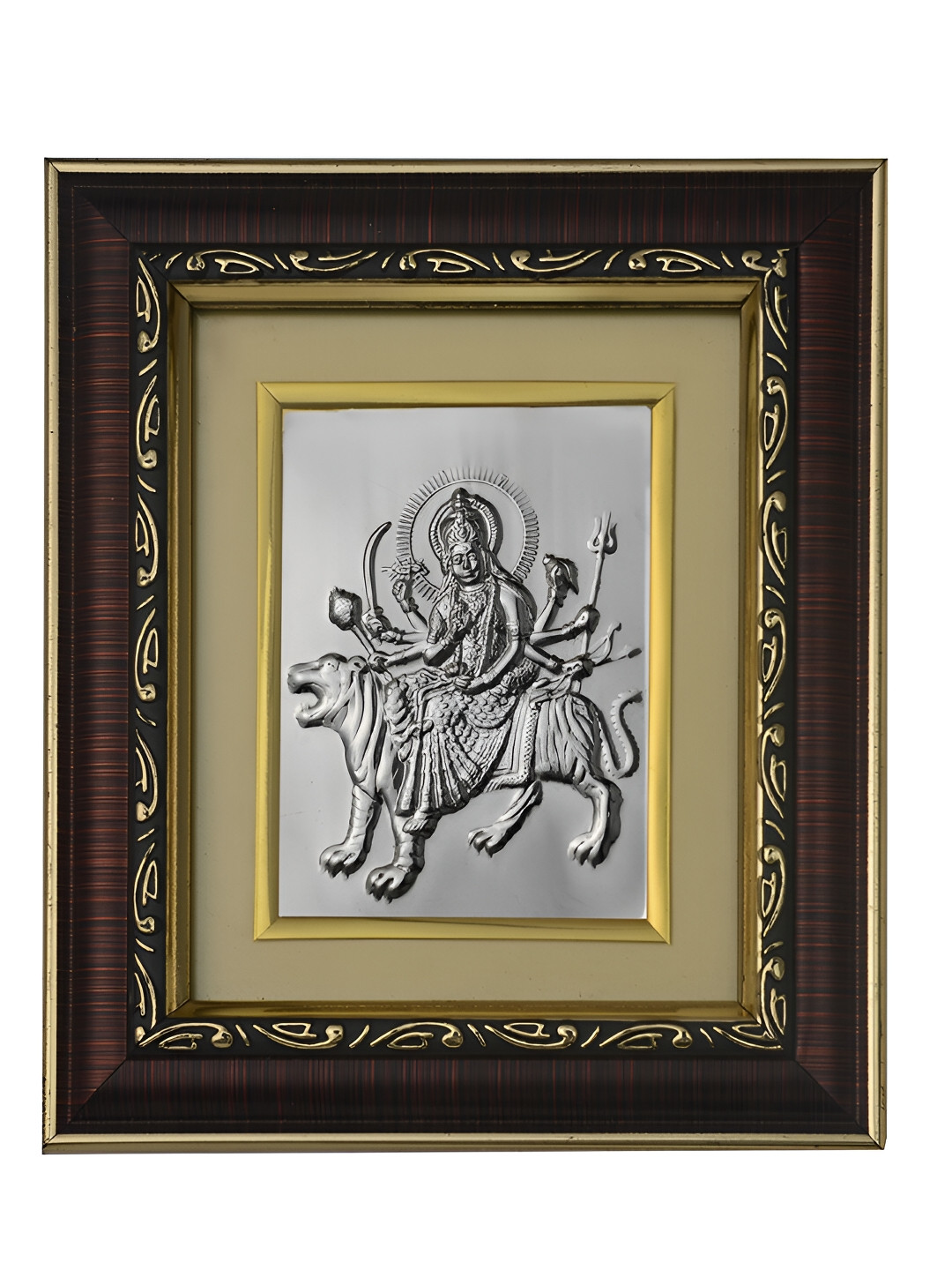 Pray Everyday Brown & Silver-Plated Durga Mata Self Design Wall Photo Frame