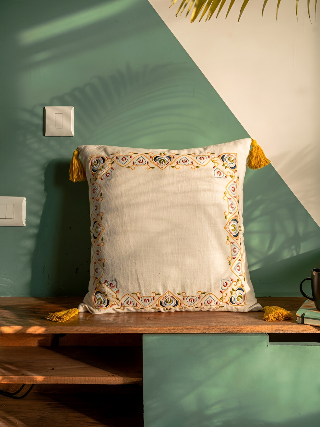 ABSTRACT INDIA Beige & Mustard Square Cotton Embroidery Cushion Covers