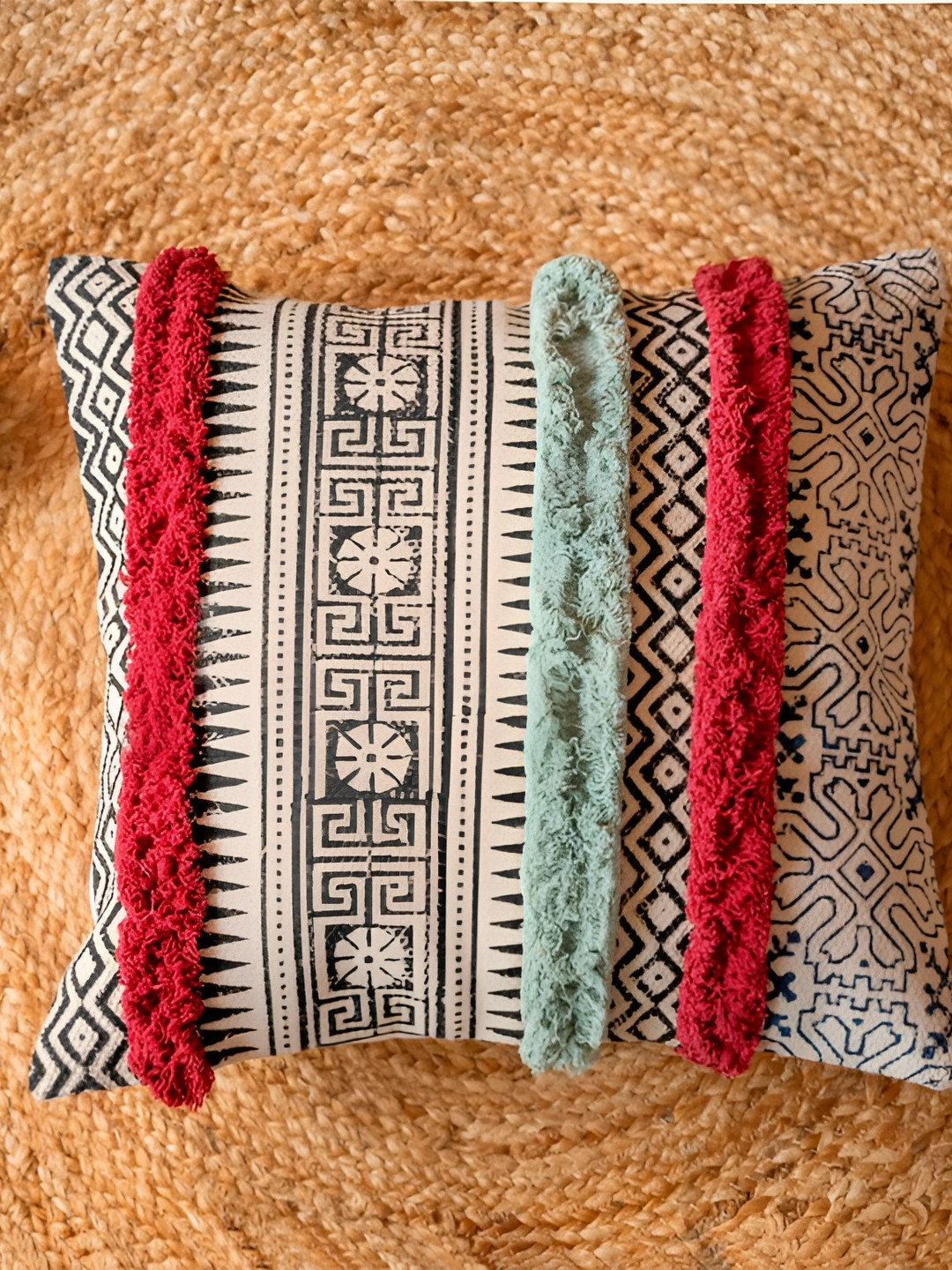 ABSTRACT INDIA ABSTRACT Beige Geometric Cotton Textured Square Cushion Cover -15.7x15.7In