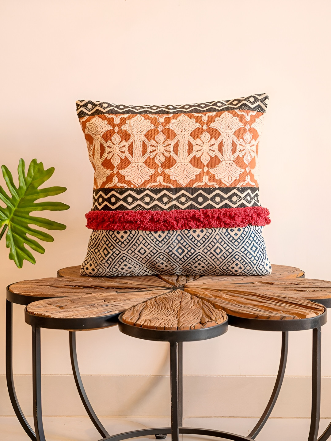 ABSTRACT INDIA ABSTRACT Ethnic Motifs Cotton Embroidered Square Cushion Cover -16x16In