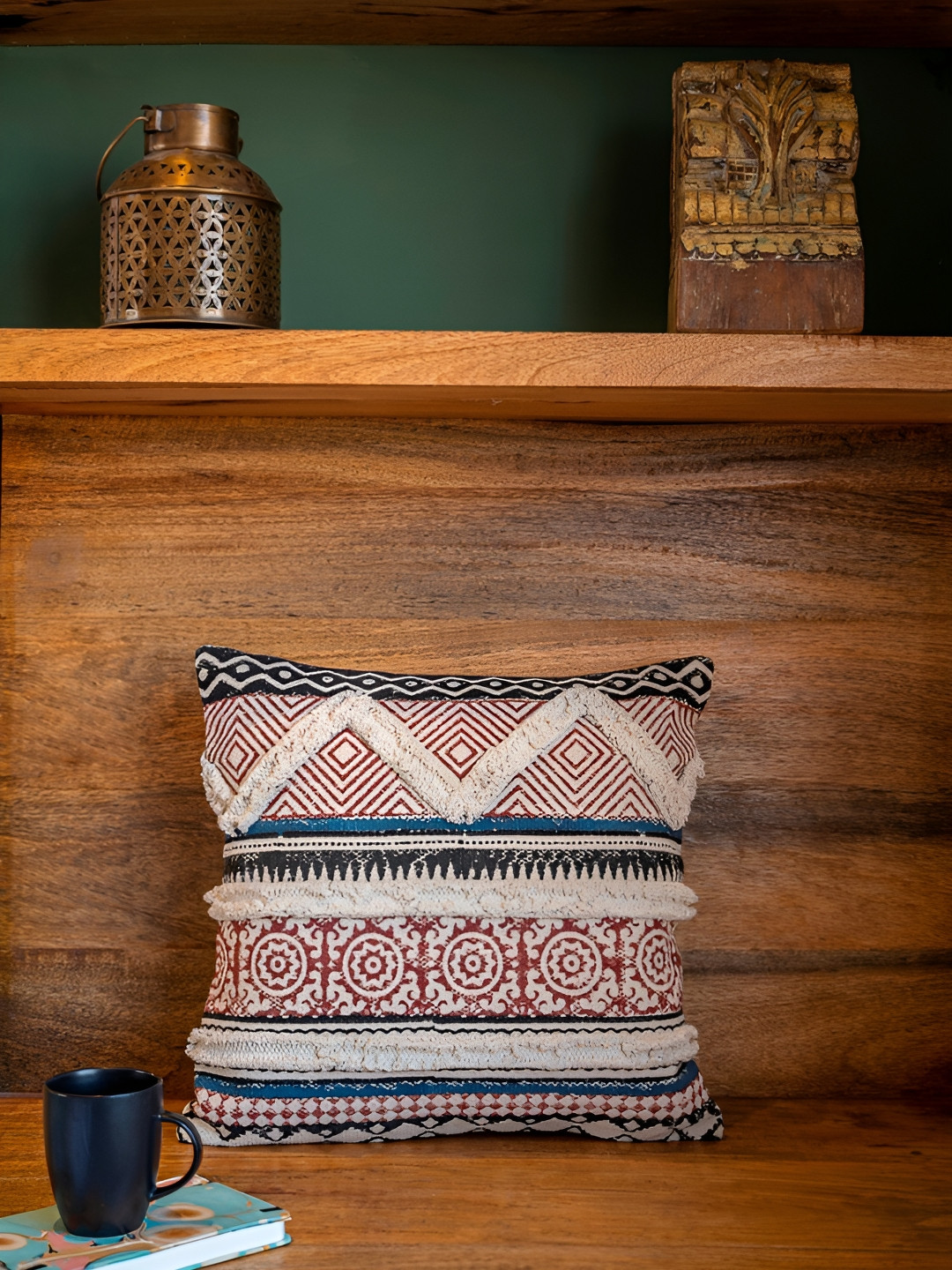 ABSTRACT INDIA Boho Crest Hand Block Tufted Geometric Cotton Cushion Covers - 15.7 x 15.7 In