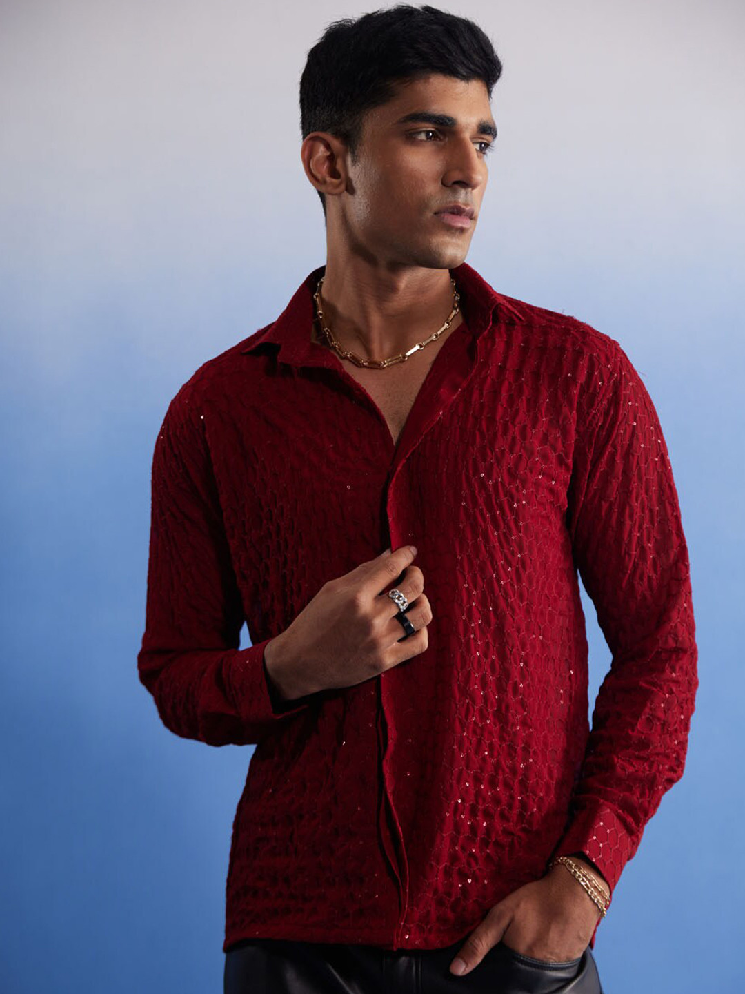 VASTRAMAY Men Georgette Sequence Semi Sheer Premium Shirt