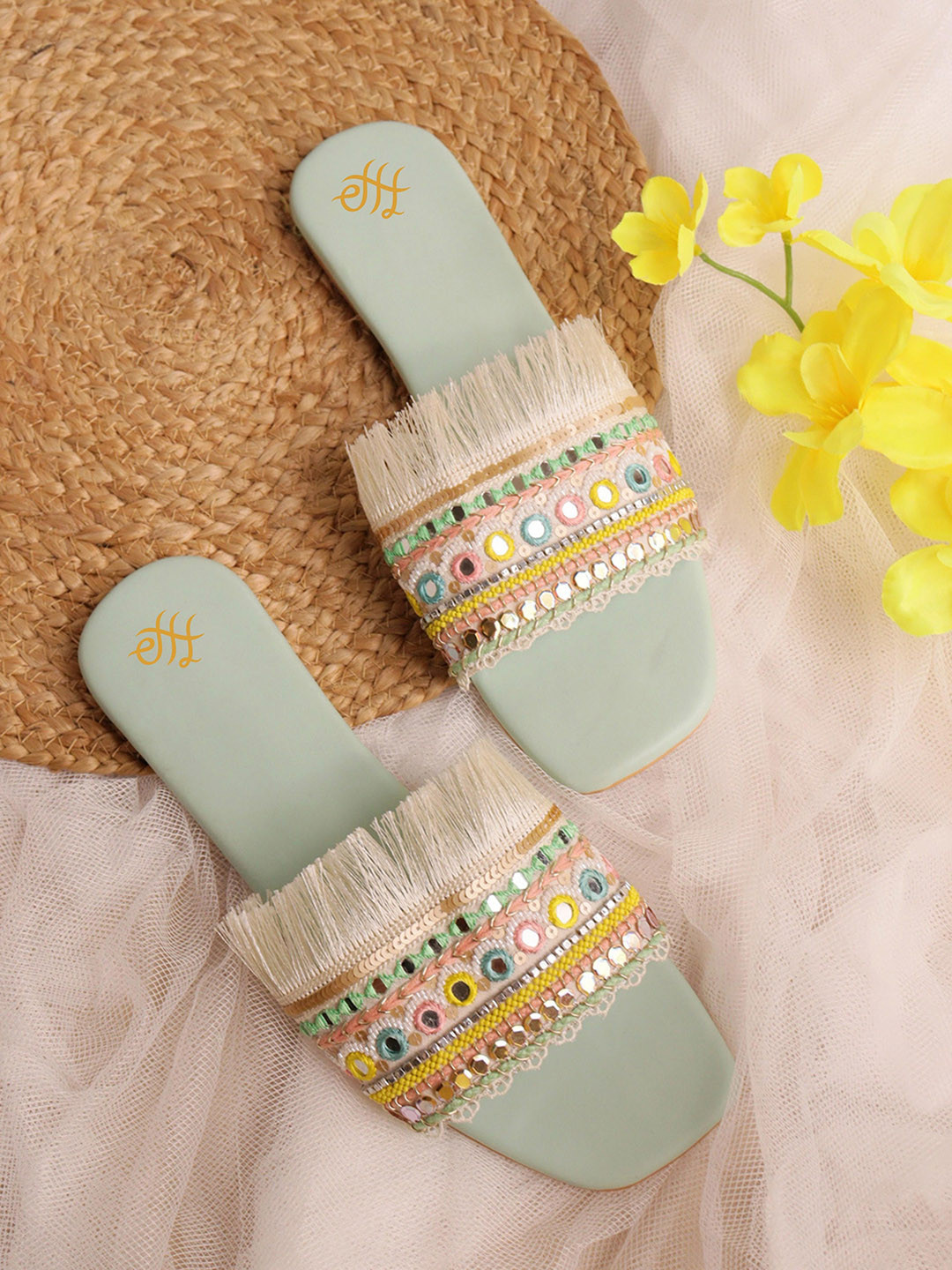 House of Pataudi Ethnic Embroidered Fabric Open Toe Flats