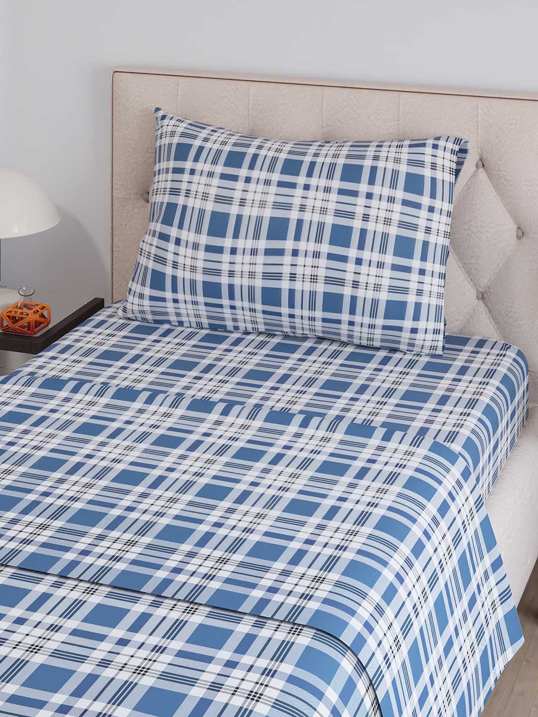 Layers Zen Blue Striped 225 TC Single Bedsheet with 1 Pillow Cover