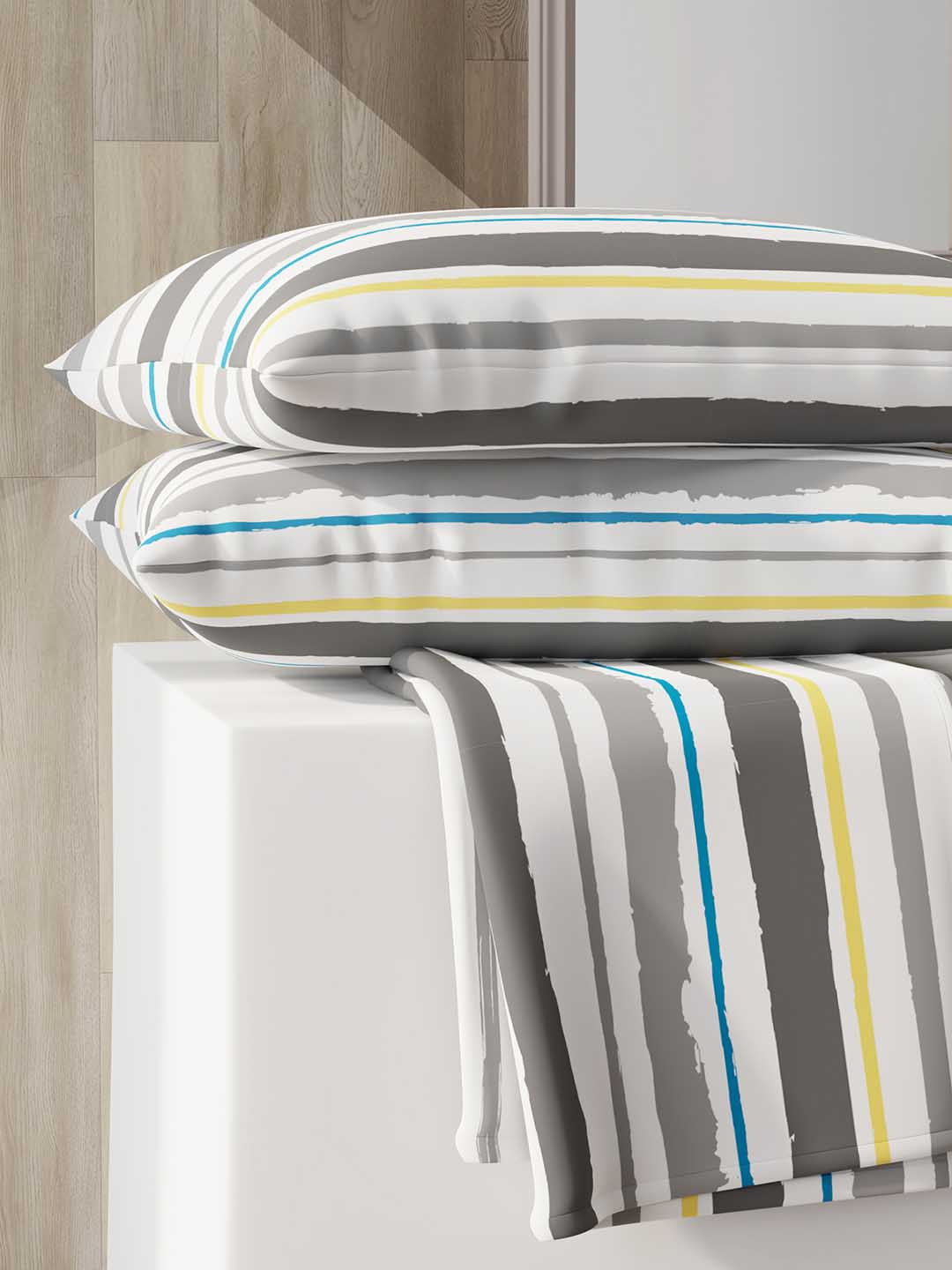 Layers Zen White & Grey Striped 225 TC Double Bedsheet with 2 Pillow Covers