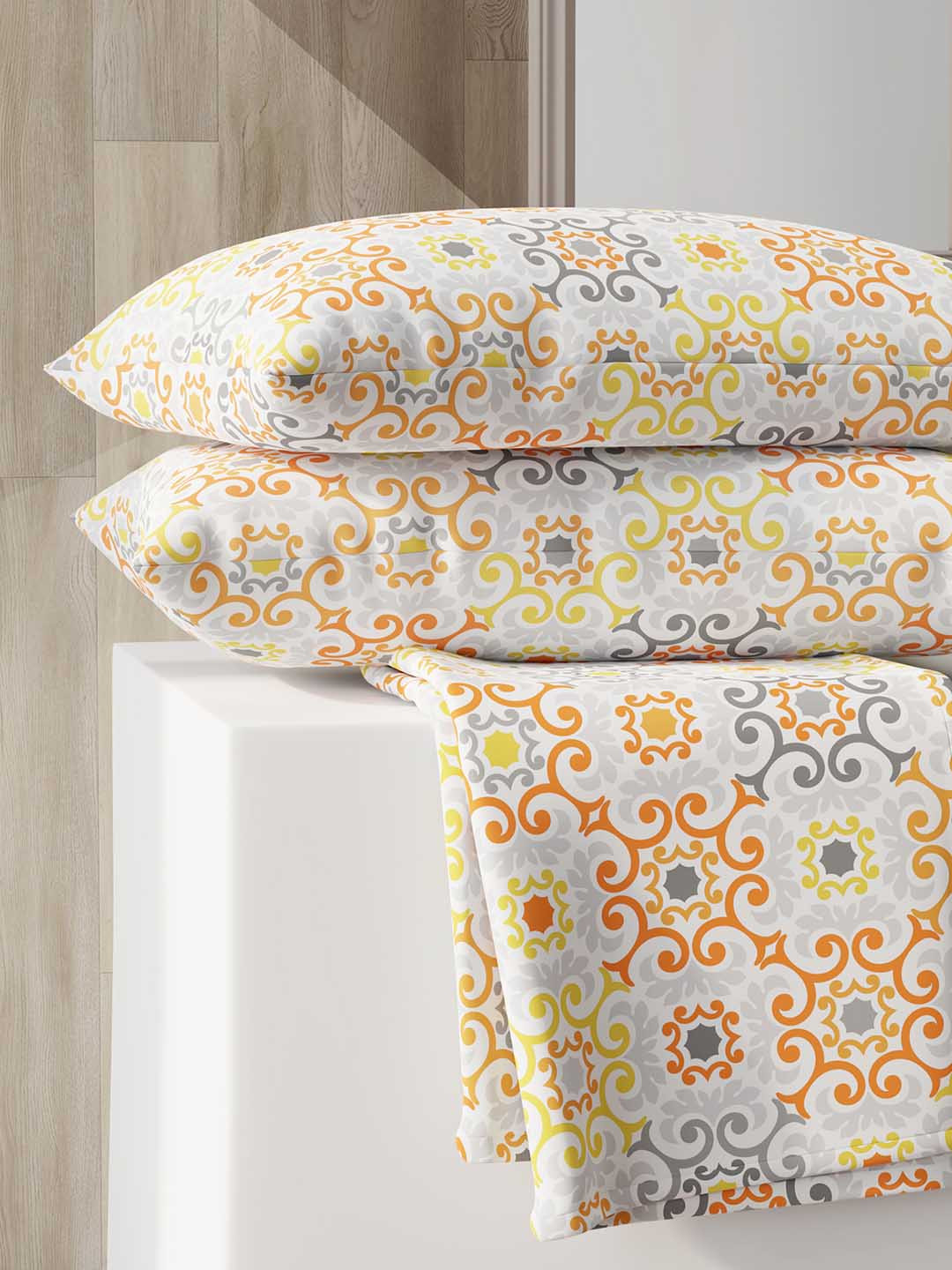 Layers Zen Orange Ethnic Motifs 225 TC Double Bedsheet with 2 Pillow Covers