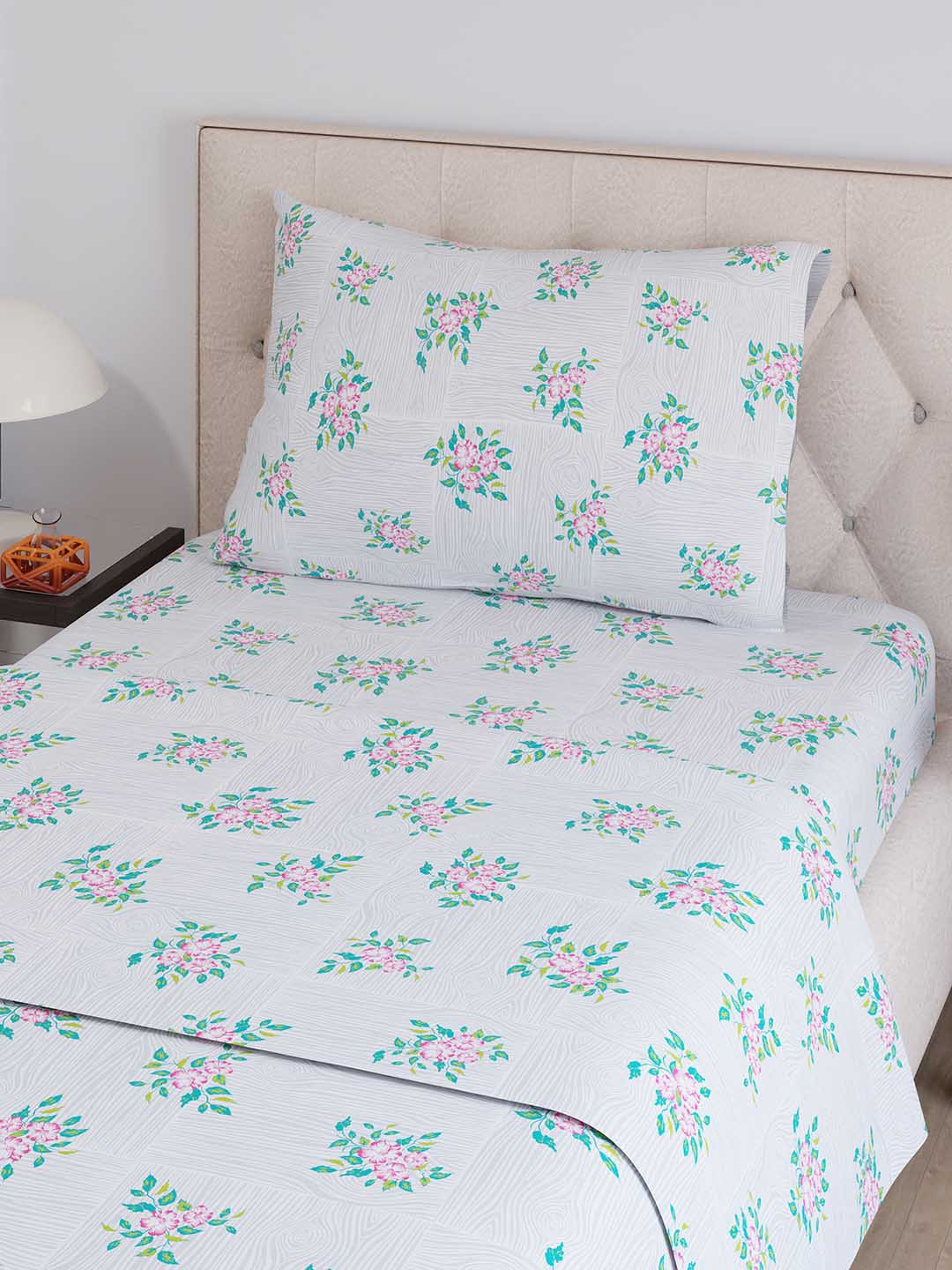 Layers Zen Grey & Green Floral 225 TC Single Bedsheet with 1 Pillow Cover