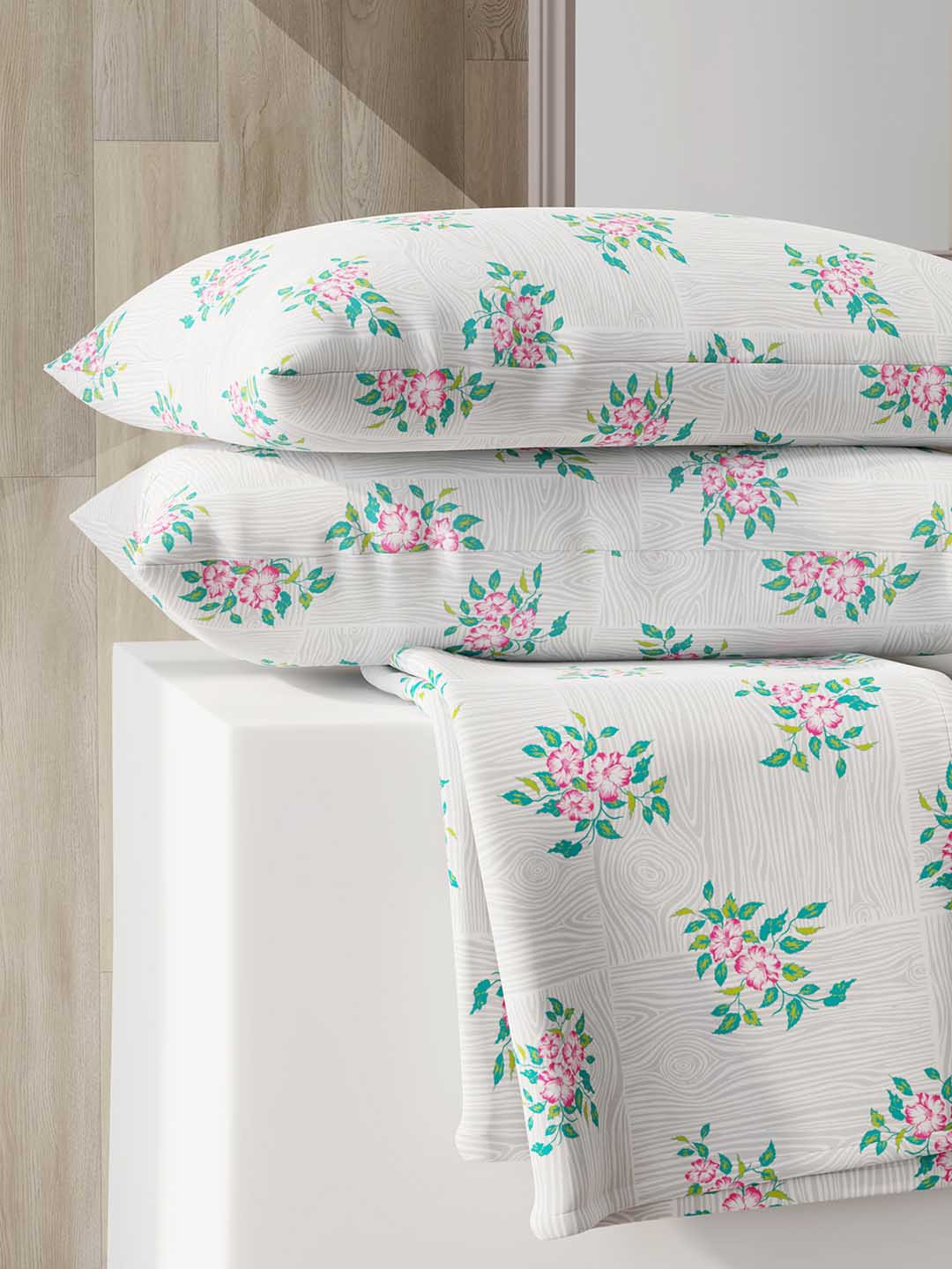 Layers Zen Collection Grey Floral Polycotton 220 TC King Fine Bedsheet with 2 Pillow Covers-108 x 90 inches