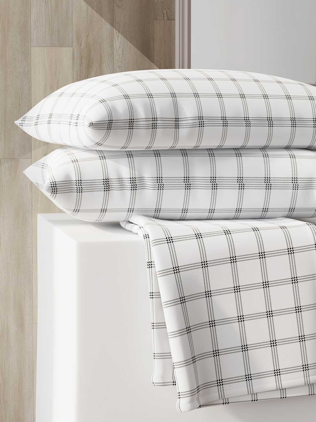 Layers Lifestyle White Checked Polycotton 220 TC Double Fine Bedsheet with 2 Pillow Covers-100 x 88 inches