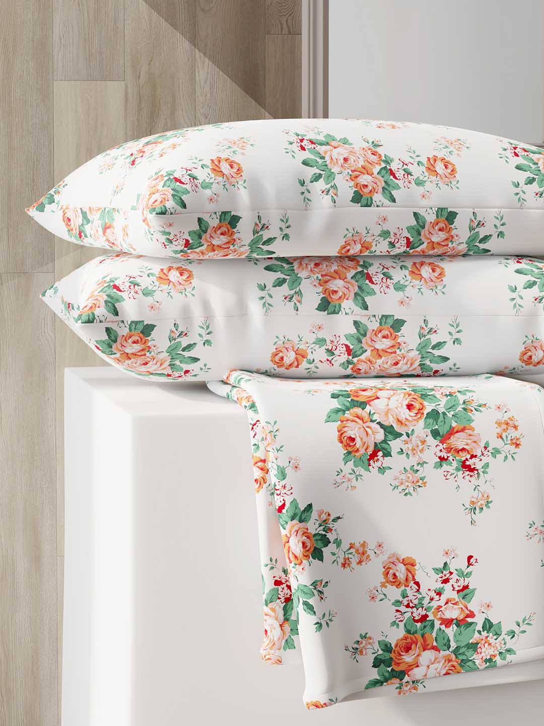 Layers Zen White & Orange Floral 225 TC Double Bedsheet with 2 Pillow Covers