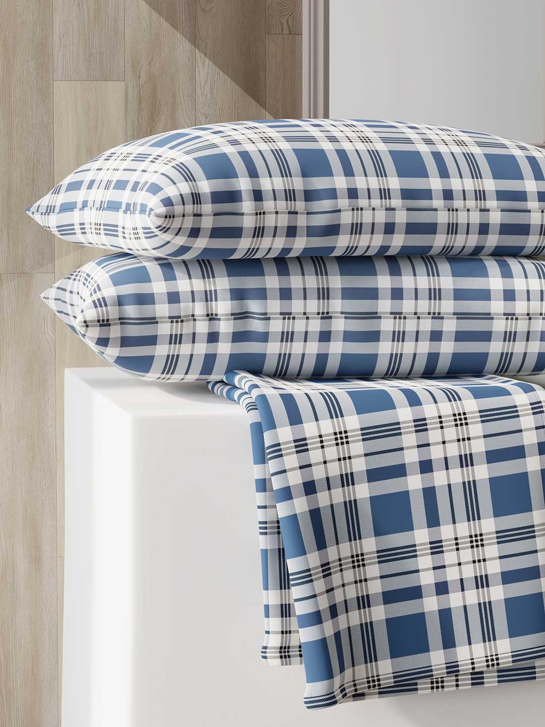 Layers Zen Blue & White Striped 225 TC King Bedsheet with 2 Pillow Covers