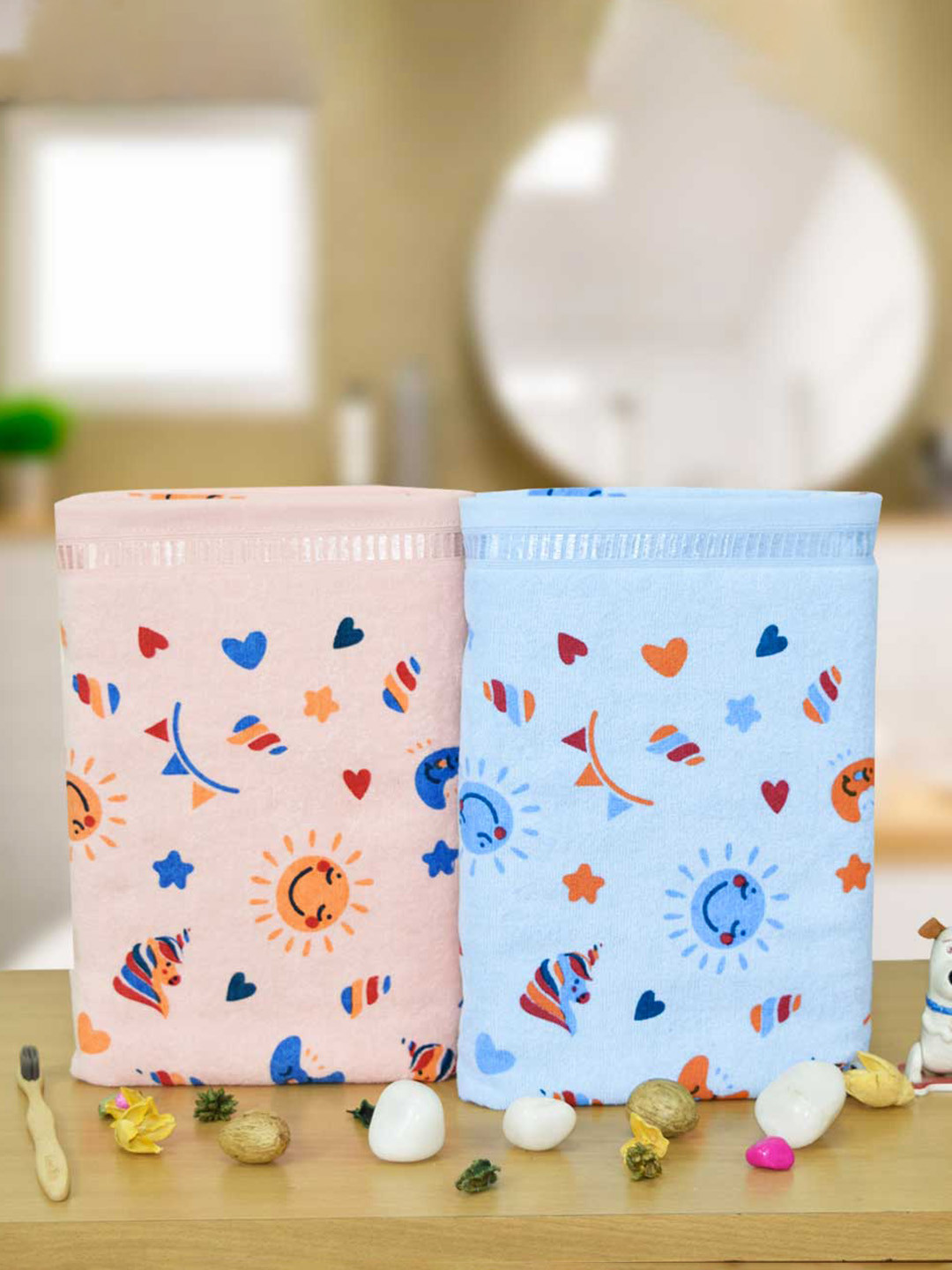 RANGOLI Blue & Pink 2 Pieces Printed Cotton 380 GSM Bath Towels