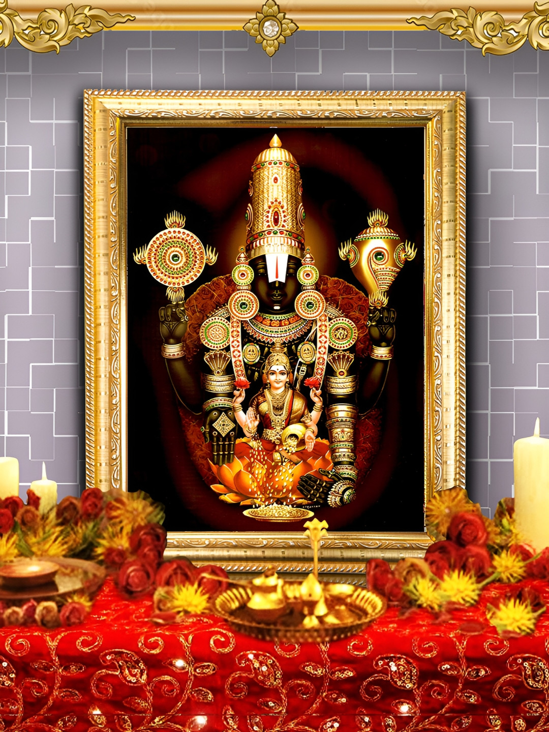 Hawai Gold-Toned Lord Balaji Wooden Wall Photo Frame