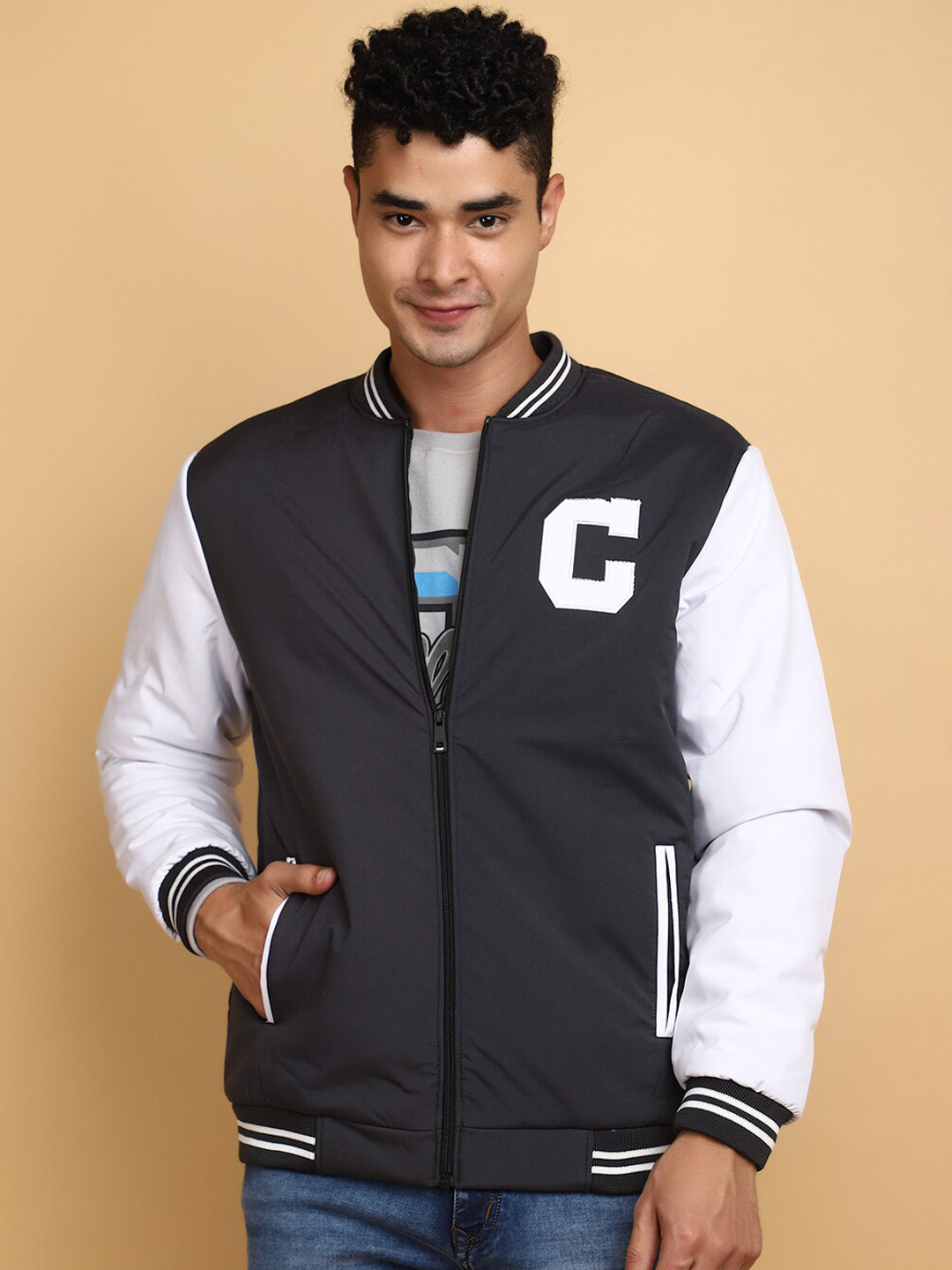 V-Mart Stand Collar Patchwork Bomber Jacket