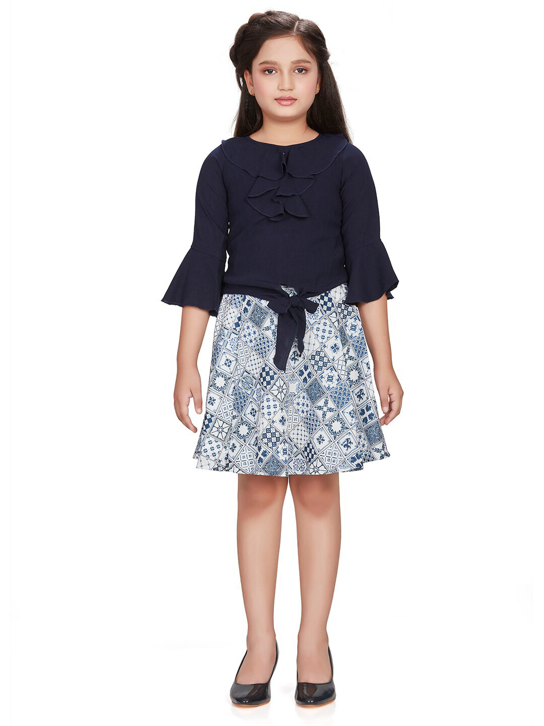 Peppermint Girls Round Neck Ruffles Bell Sleeves Top with Printed Skirt