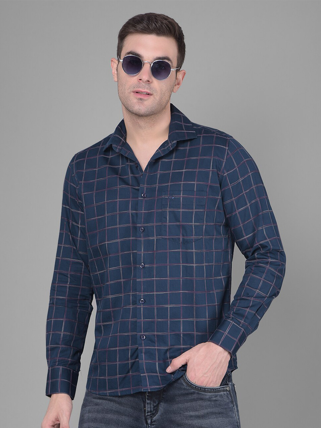 Crimsoune Club Classic Slim Fit Windowpane Checks Pure Cotton Casual Shirt