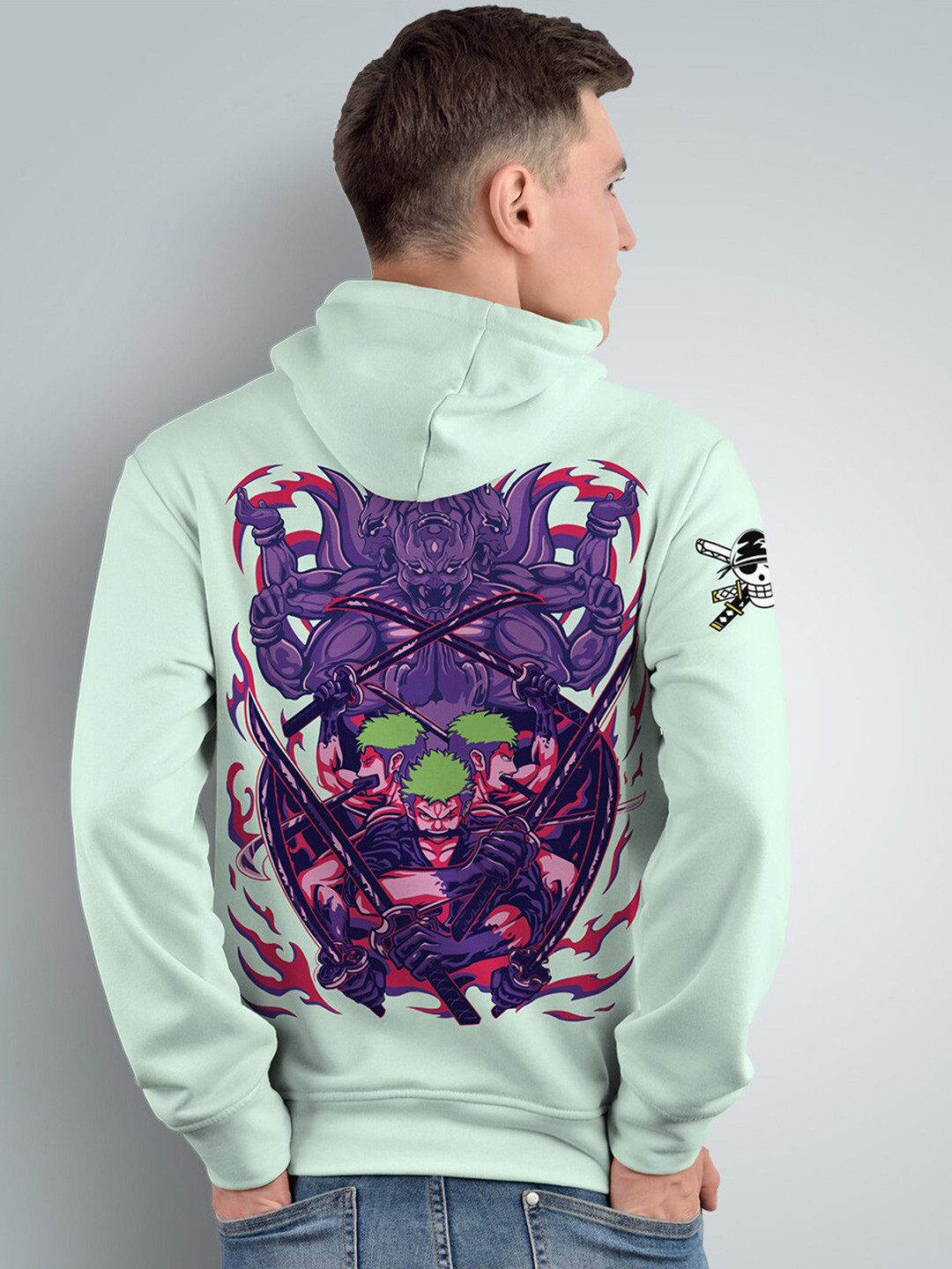 Crazymonk Printed Anime Rono Zoro Hooded Cotton Sweatshirt