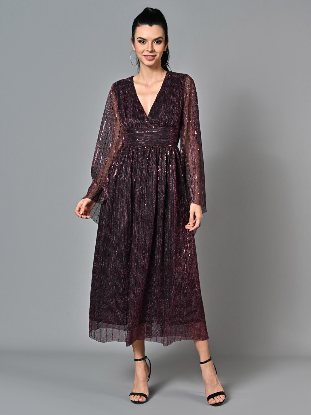 Justin Whyte Embellished V-Neck Flared Sleeve Bling & Sparkly Fit & Flare Dress