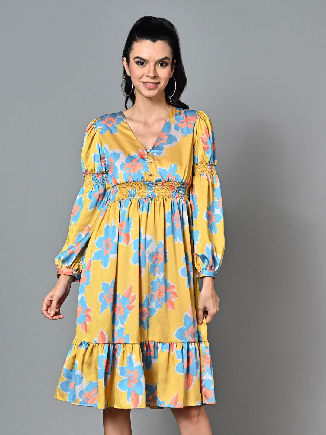 Justin Whyte Floral Printed V-Neck Cuffed Sleeve Smocked Satin Fit & Flare Dress