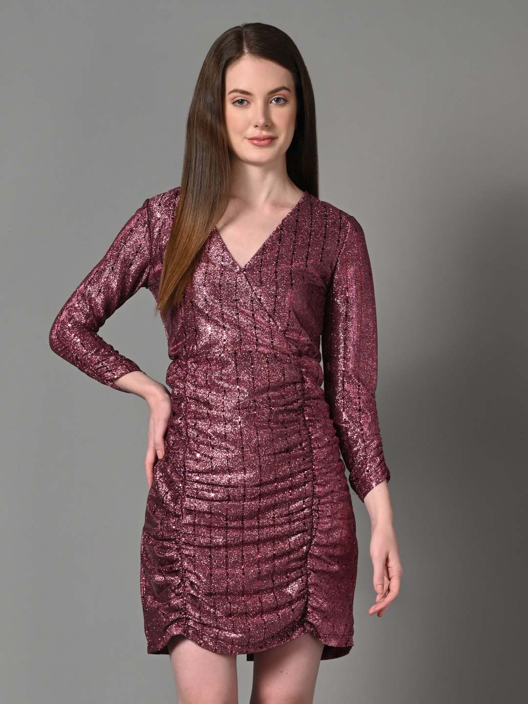 Justin Whyte Embellished V-Neck Dobby Bling & Sparkly Ruched Wrap Dress