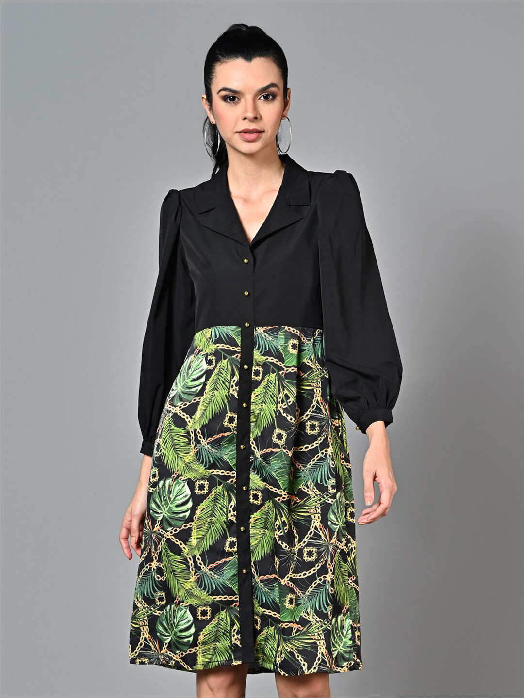 Justin Whyte Floral Printed Lapel Collar Cuffed Sleeve Shirt Dress