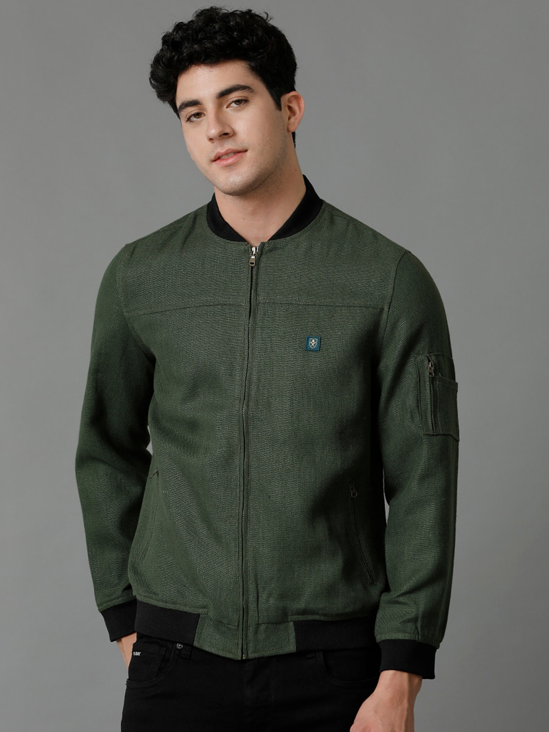 Linen Club Mock Collar Bomber Jacket