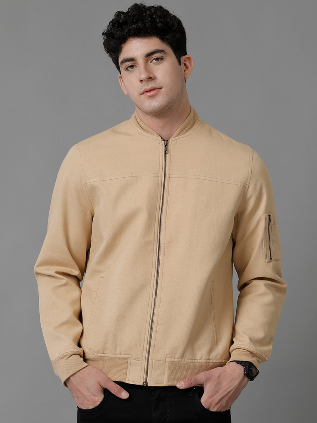 Linen Club Stand Collar Linen Biker Jacket