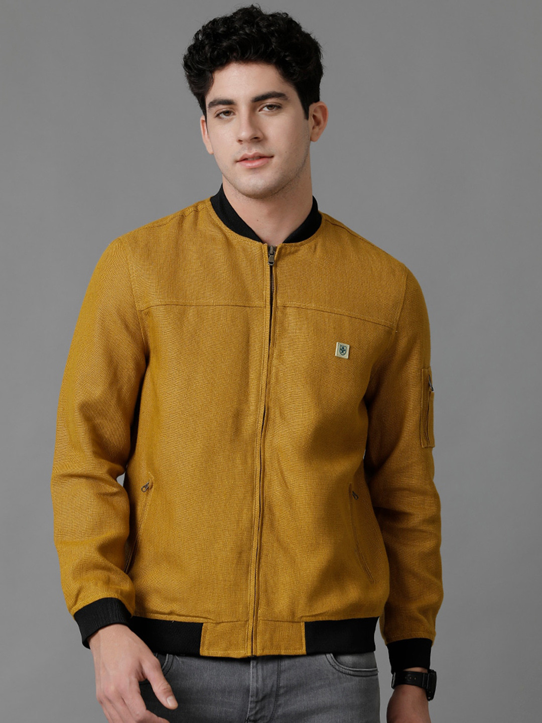 Linen Club Mandarin Collar Bomber Jacket