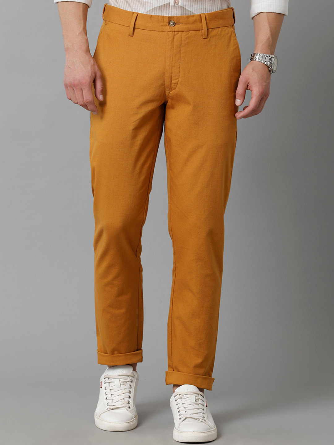 CAVALLO by Linen Club Men Yellow Comfort Slim Fit Easy Wash Trousers