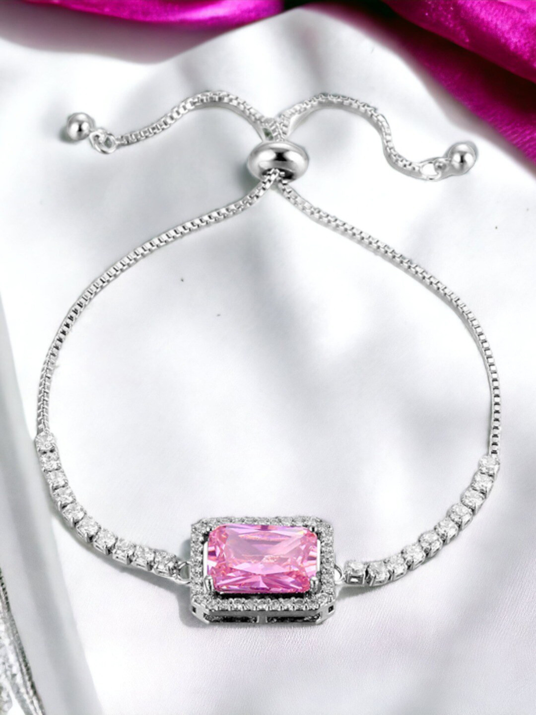 Designs & You Silver Plated Rectangular Crystal Studded Matrix Tennis Bracelet