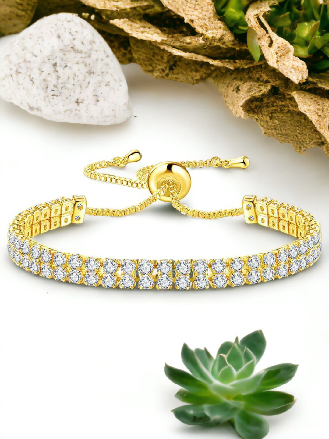Designs & You Gold Plated Dual Strand Round Cut Cubic Zirconia Matrix Tennis Bracelet