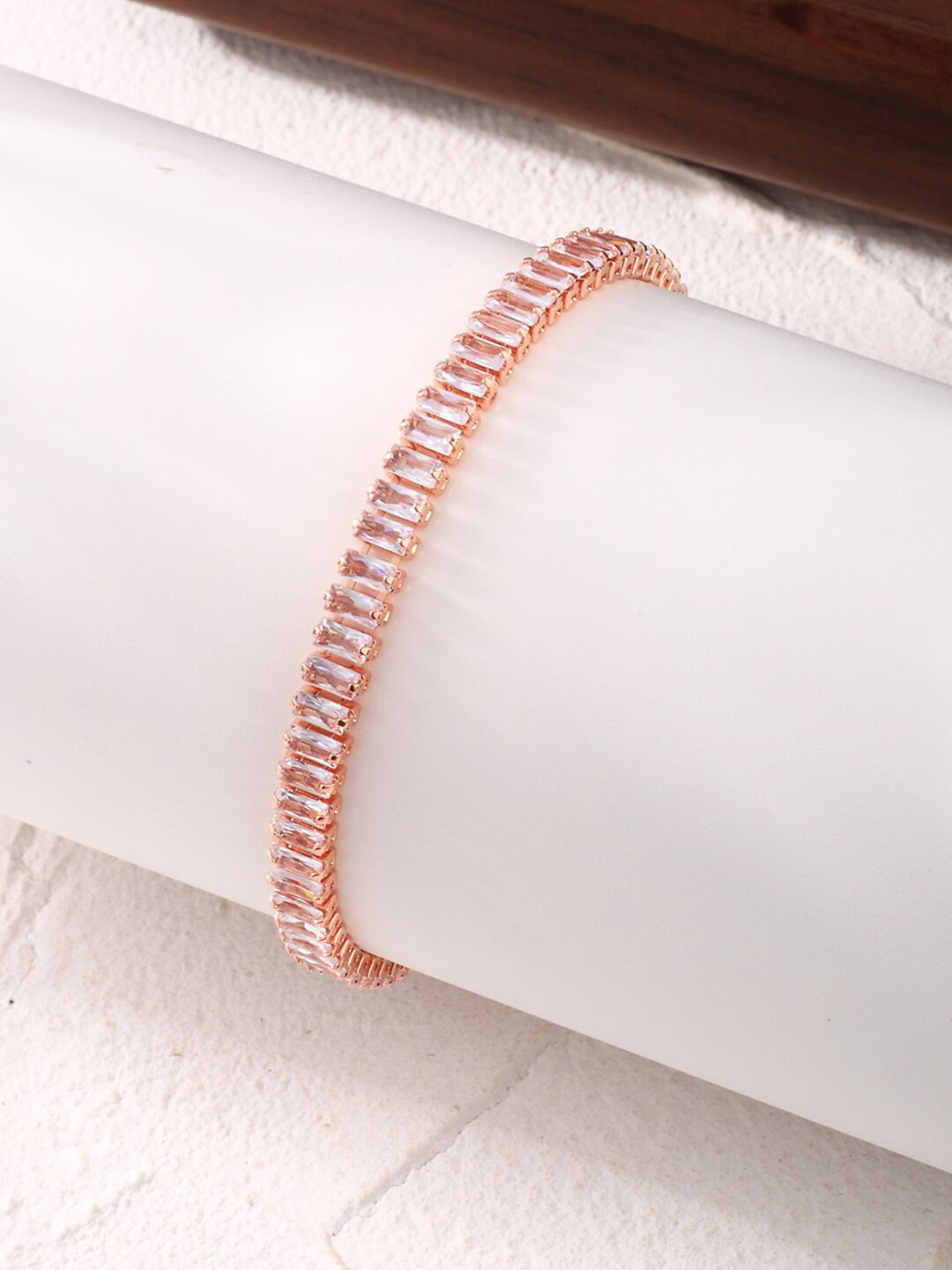 Designs & You Rose Gold Plated Rectangular Cut Cubic Zirconia White Matrix Tennis Bracelet