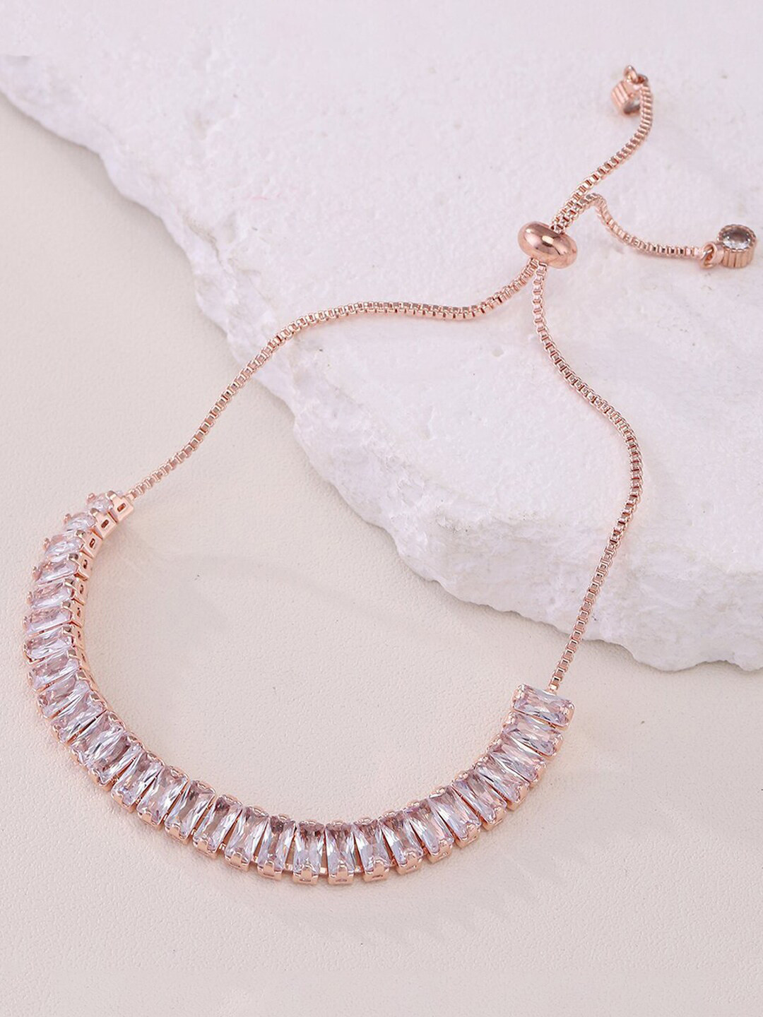 Designs & You Rose Gold Plated Rectangular Cut Cubic Zirconia Matrix Tennis Bracelet