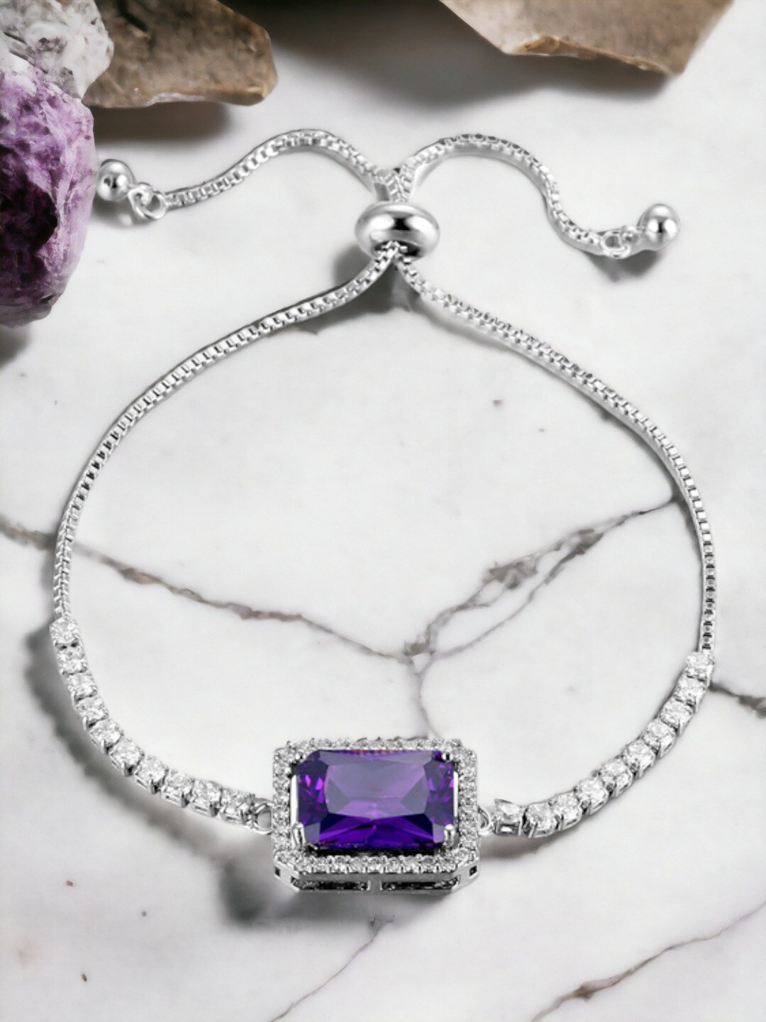 Designs & You Silver Plated Rectangular Crystal Studded Matrix Tennis Bracelet