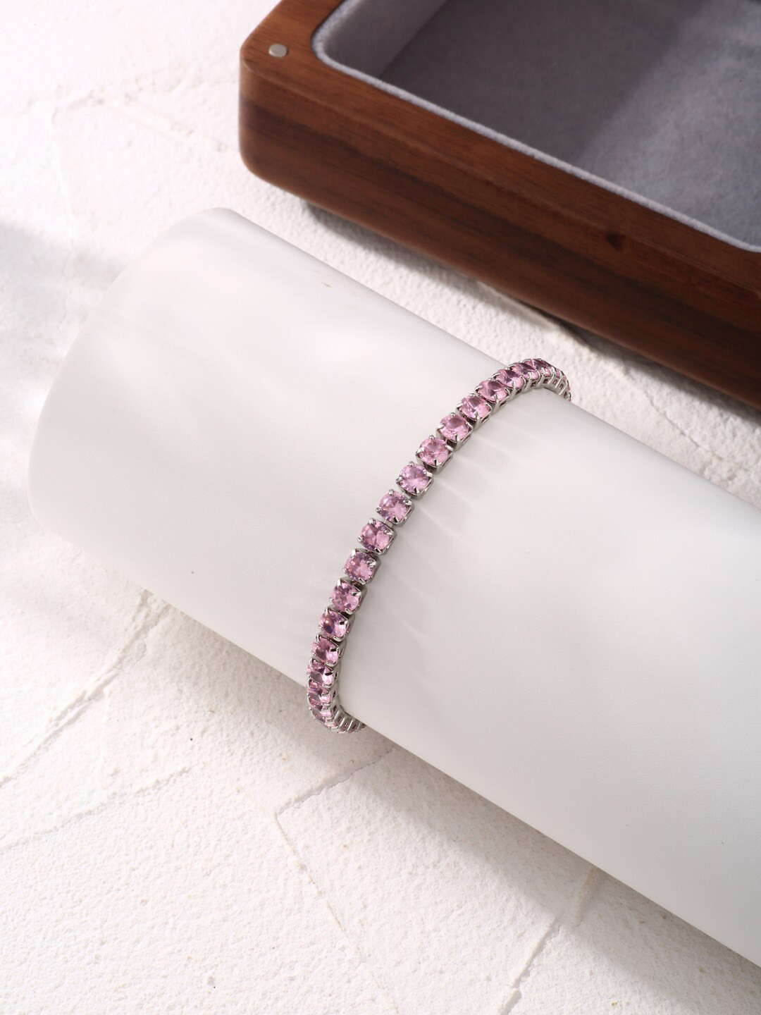 Designs & You Silver Plated Round Cut Cubic Zirconia Pink Matrix Tennis Bracelet
