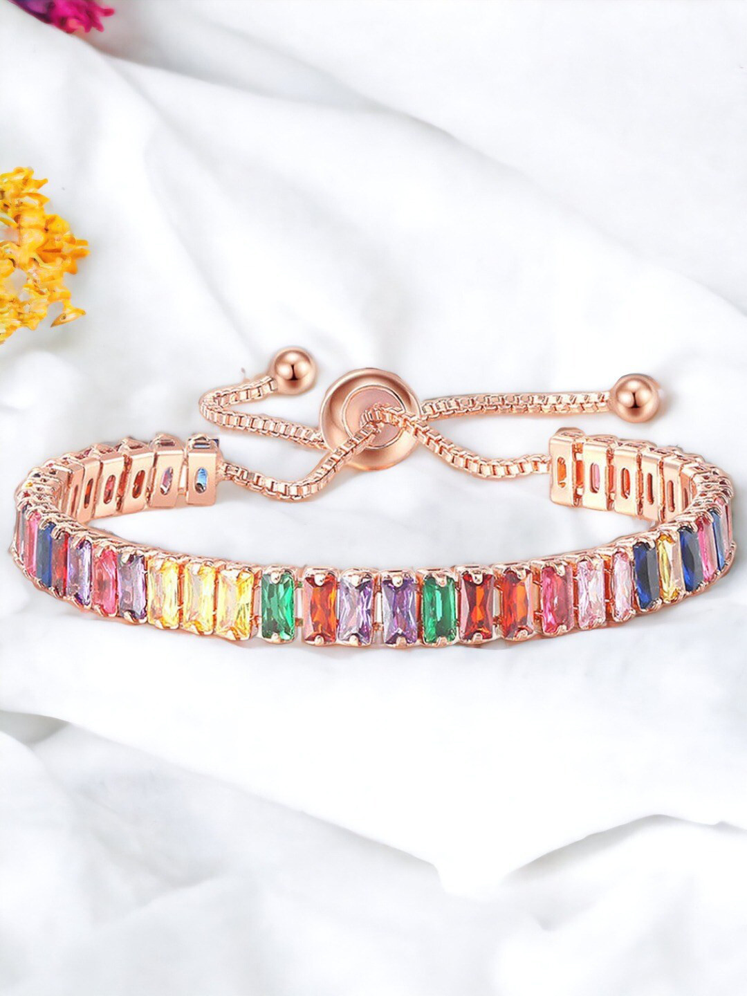 Designs & You Rose Gold Plated Rectangular Cut Cubic Zirconia Matrix Tennis Bracelet