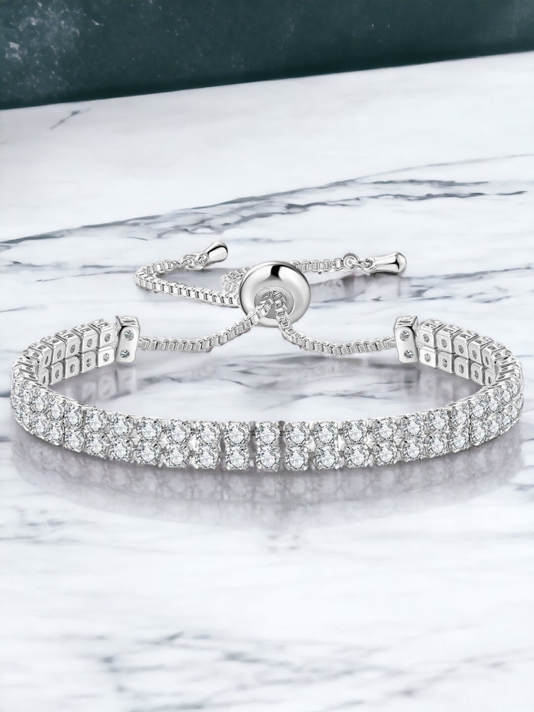 Designs & You Silver Plated Dual Strand Round Cut Cubic Zirconia Matrix Tennis Bracelet