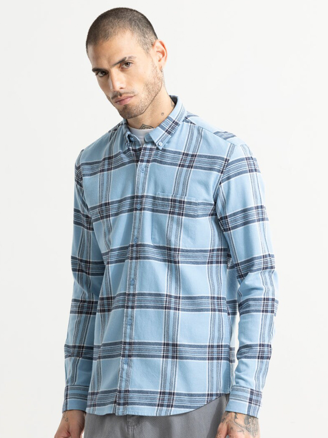 Snitch Blue Classic Slim Fit Tartan Checked Cotton Casual Shirt