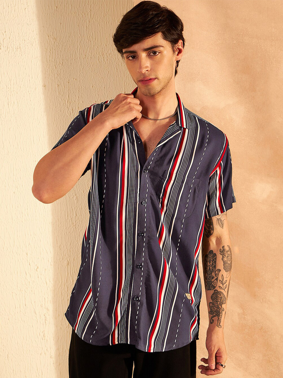 DENNISON Smart Vertical Stripeed Cuban Collar Oversized Casual Shirt