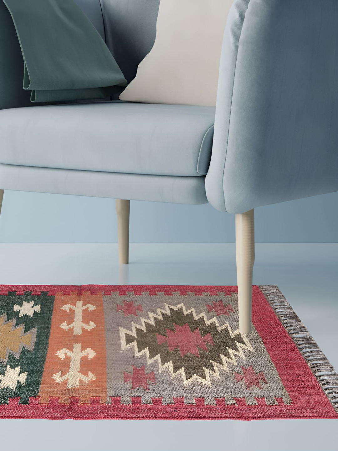 Budhrajrugs Red & Green Geometric Woven Rectangular Dhurrie