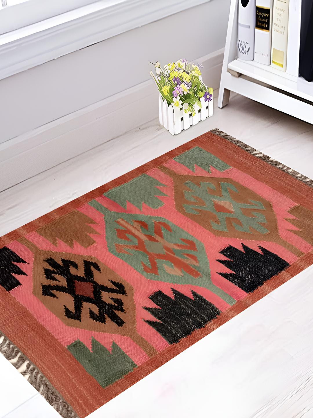 Budhrajrugs Pink & Green Geometric Patterned Hand Woven Rectangular Dhurrie