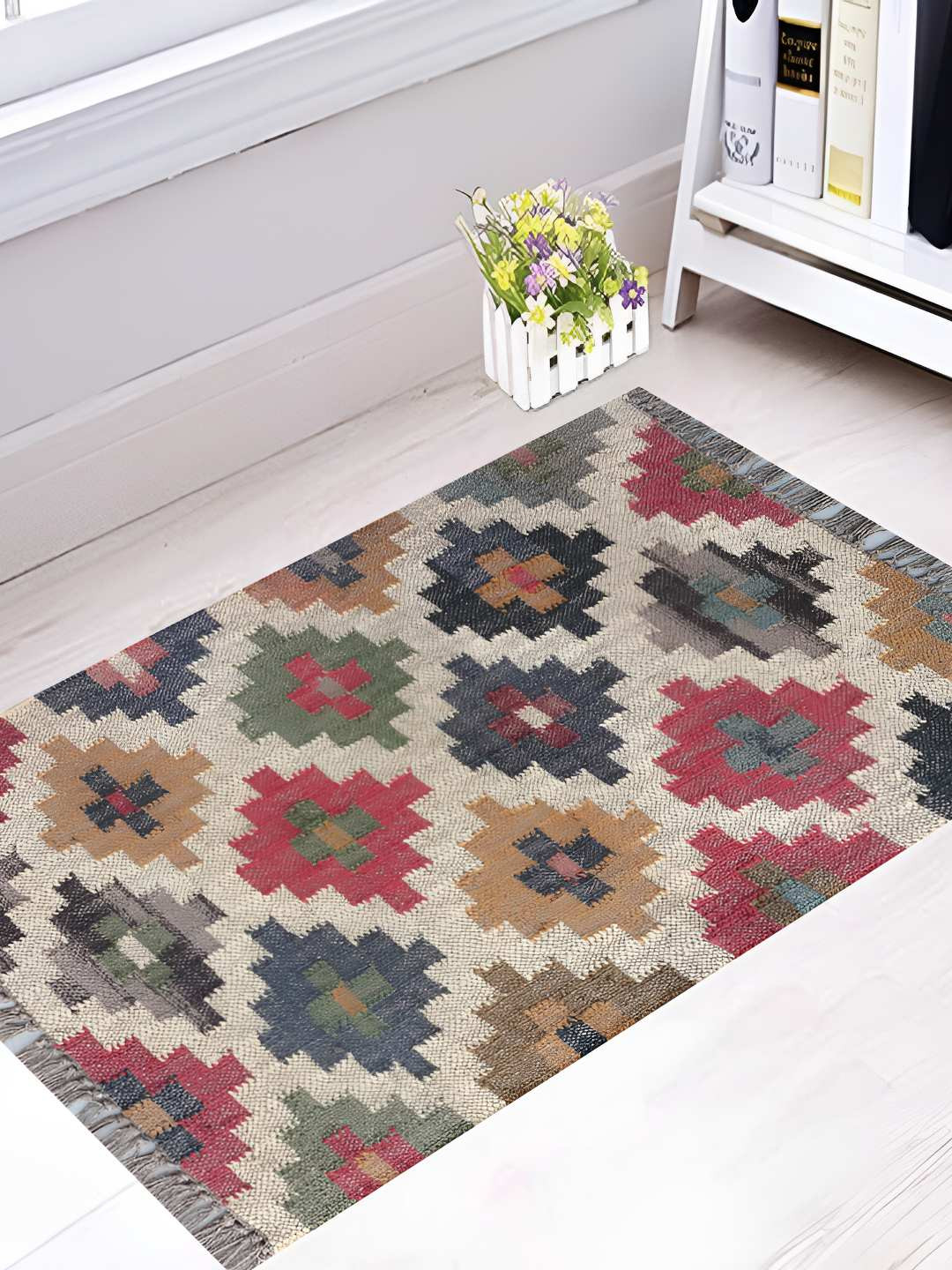 Budhrajrugs Red & Off White Geometric Patterned Hand Woven Rectangular Dhurrie