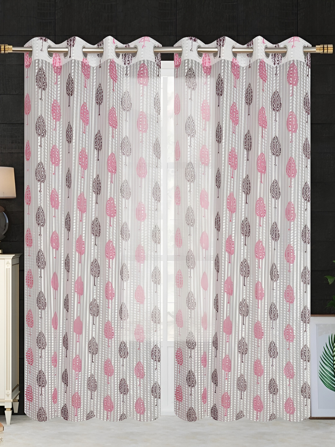 COMFY HOME Violet & White 2 Pieces Floral Sheer Door Curtains